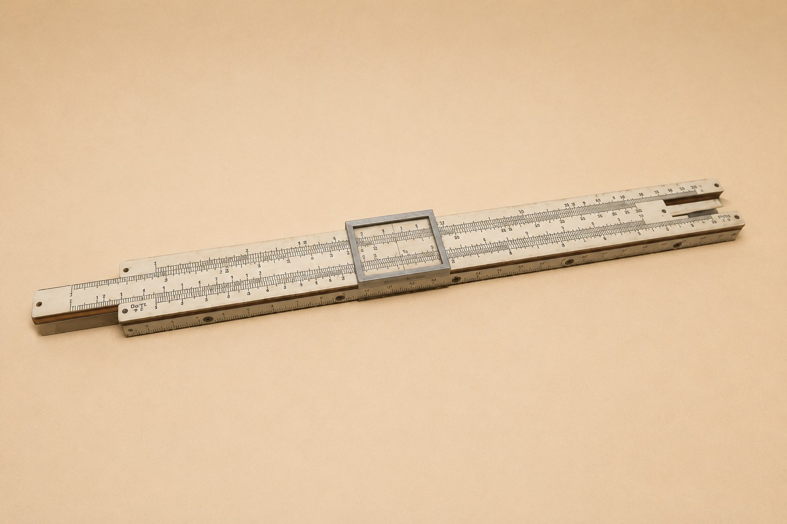 A.W. Faber Castell model 360 slide rule with celluloid-faced pearwood body, aluminium cursor marked Made in Bavaria, and English-language conversion table on reverse