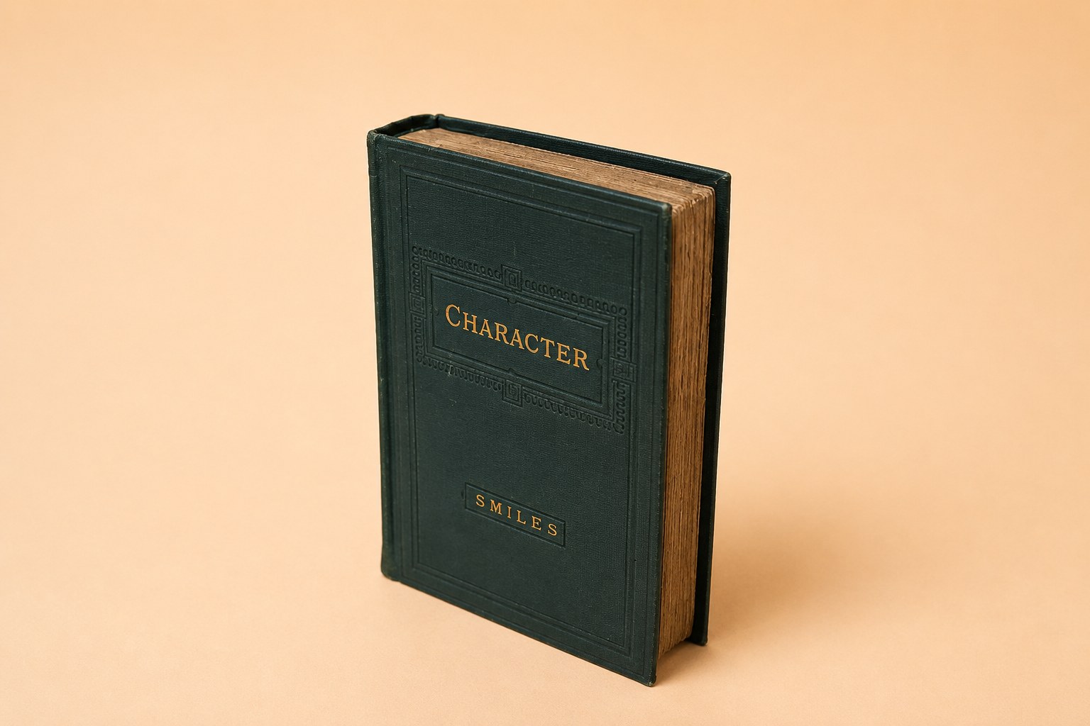 Green cloth-bound Victorian book, gilt-lettered 'Character' and 'Smiles', published by John Murray; shown with its 1874 title page and a front pastedown bearing a woman's ink ownership signature.